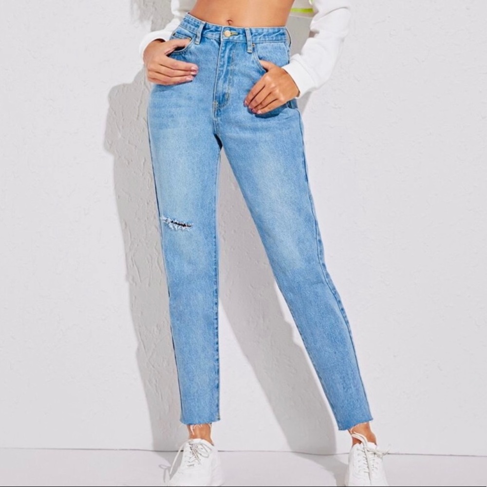 SHEIN Light Wash Destroyed Raw Hem Cropped Length Tapered Mom Jeans